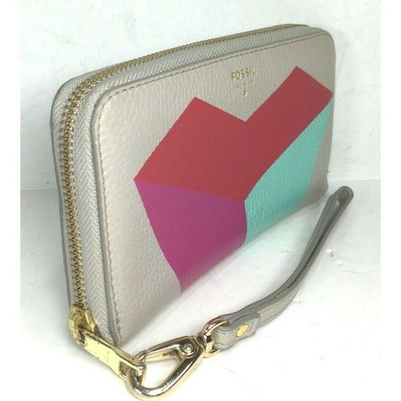 Fossil Gray Leather Multicolor Abstract Clutch Wristlet Wallet - Picture 4 of 12